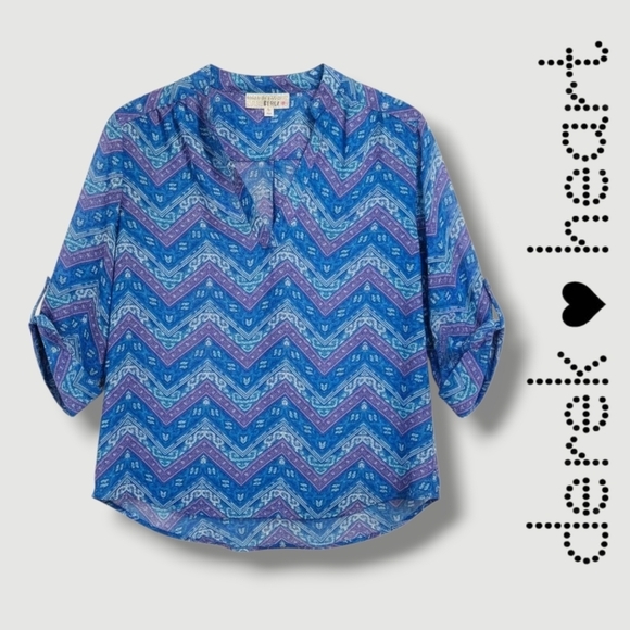 Derek Heart Women’s Blue Chevron Semi-Sheer V-Neck Long Sleeve Blouse | Size M - Picture 8 of 8
